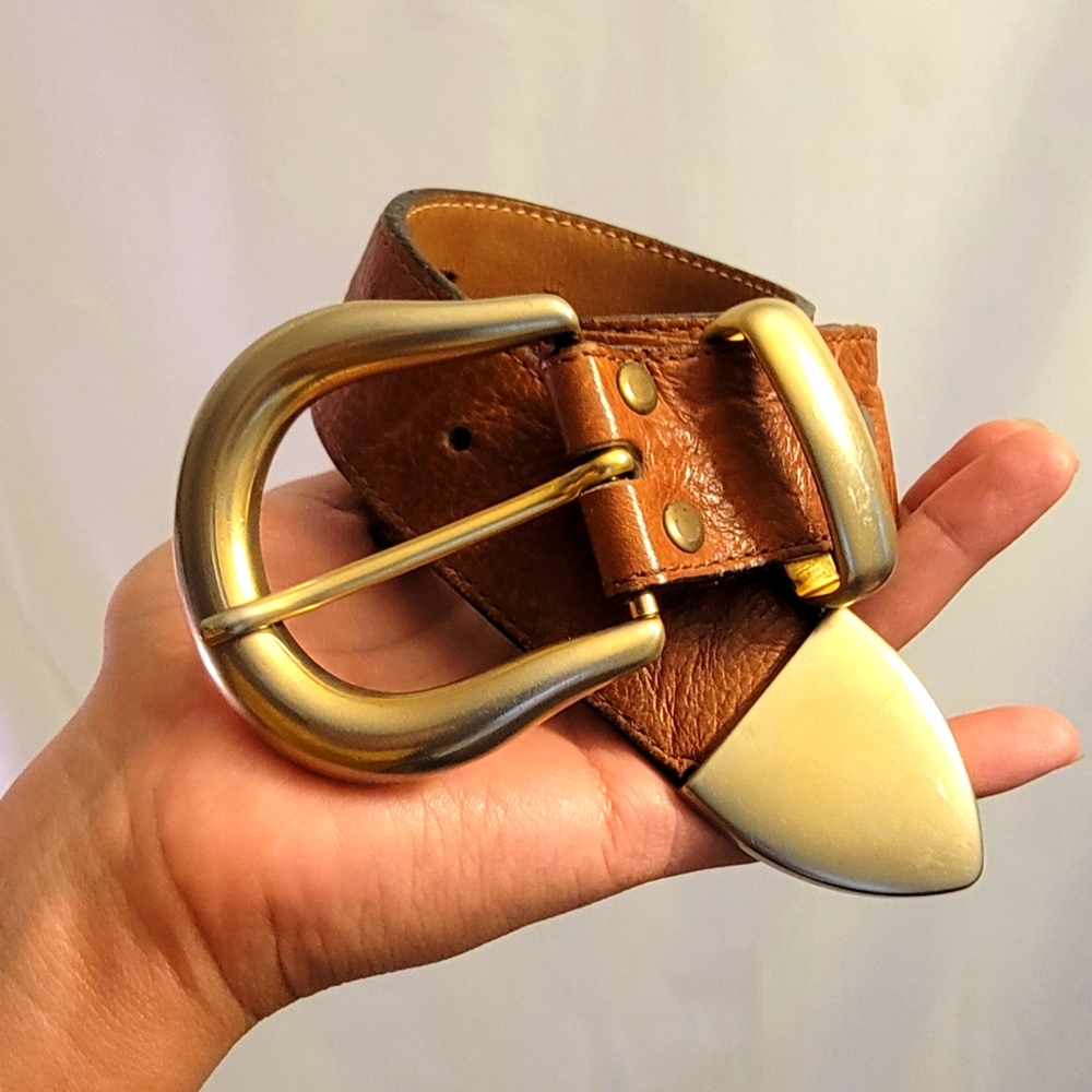 34" tan genuine leather belt with gold buckle